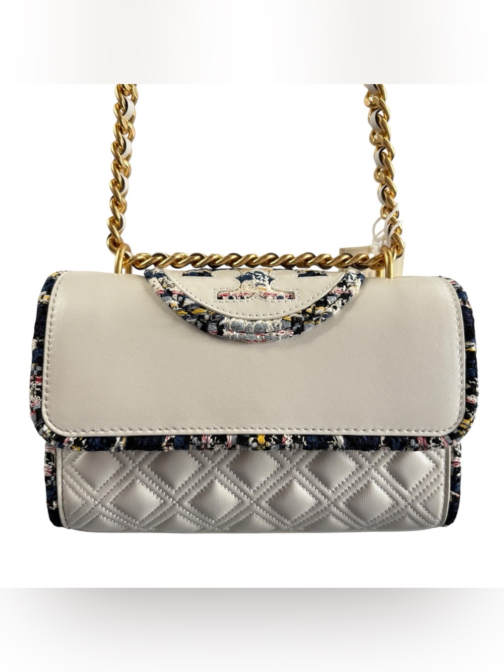 TORY BURCH Fleming Tweed Border Small Convertible in New Ivory NWT $548